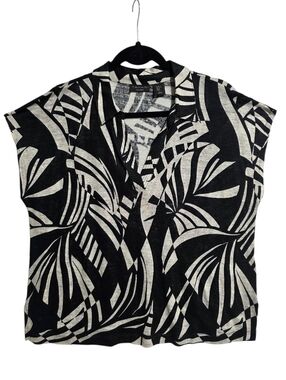 EUC TAHARI 100% LINEN BLACK WHITE LEAF PRINT BOXY POPOVER BLOUSE SZ XL